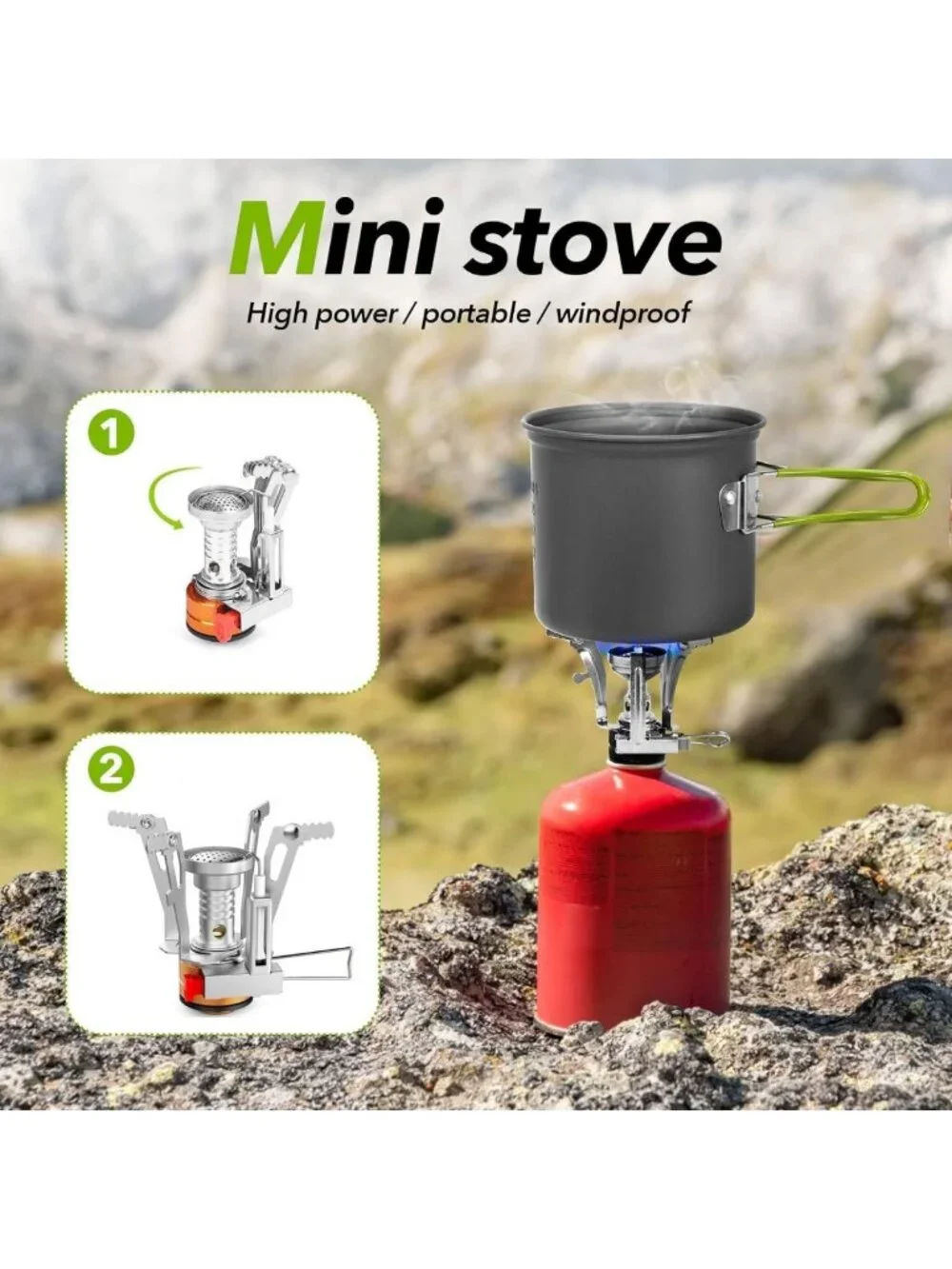 Portable Camping Cookware Set with Tripod, Stainless Steel Cup, Fork & Spoon for